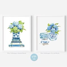 three blue and white flowers in vases on top of books with the words,'this