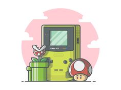 a nintendo gameboy next to a mushroom with a flower in it and a green box