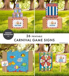 carnival game signs are displayed in the grass