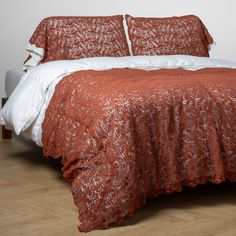 Autumn: a three-quarter angle of a full bed dressed in white with an all-over lace bed scarf and matching pillow covers in Autumn Bella Notte Linens, Bed Scarf, Scalloped Edges, Mixed Colors, Cotton Velvet, Silk Velvet, Small World, Artisan Craft, Lace Pattern