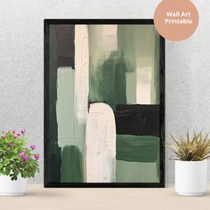 an abstract painting on a wall next to two potted plants and a planter