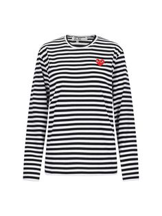 Comme des Garcons Play logo tshirt in white cotton with contrast striped pattern, Uneck, red logo patch on the chest, ribbed trims, straight hem. composition: 100% cotton size and fit: regular fit Classic White T-shirt With Contrast Stripes, White Long Sleeve T-shirt With Contrast Stripes, Striped Crew Neck Top With Logo Print, Classic Crew Neck Top With Signature Stripes, White Long Sleeve Tops With Logo Patch, White Long Sleeve Top With Logo Patch, White Cotton Top With Contrast Stripes, White Casual Tops With Signature Stripes, White Cotton Tops With Logo Patch