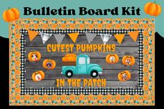 the bulletin board kit includes an orange truck and pumpkins