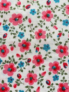 the fabric has red and blue flowers on it