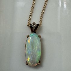 Vintage 14k Yellow Gold Genuine Opal & Diamond Pendant Necklace Oval Chain Jewelry Antique Jewelry Antique, Chain Jewelry, Diamond Pendant Necklace, Gold Yellow, Chains Jewelry, Diamond Pendant, Womens Jewelry Necklace, Antique Jewelry, Opal