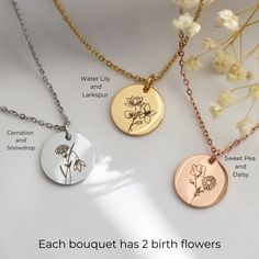 Birth Month Flower bouquet necklace, flower necklace, birth flower necklace, Bridesmaids Gift, bridesmaid bouquet, gift for friends BIRTH FLOWER NECKLACE: Flowers that will last forever. Disc Size: 16mm and 19mm diameter. Chain length: 40cm, 45cm, 50cm Our pieces are high polished gold plated over stainless steel. This won't tarnish. Available in rose gold plated over stainless steel; gold plated over stainless steel and plain stainless steel. Each bouquet has the two flowers representing its mo Birth Month Flower Bouquet, Birth Flower Necklace, Coordinates Bracelet, Two Flowers, Bouquet Gift, Birth Month Flower, Necklace Flower, Month Flowers, Birth Month Flowers