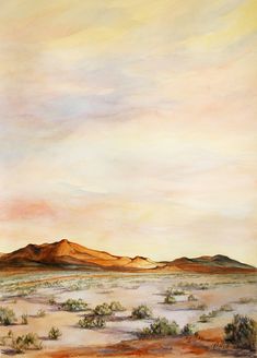 a painting of a desert with mountains in the background