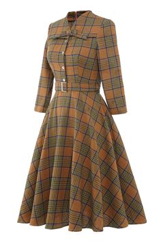 ZAPAKA Women Tartan Dress Grey Coffee Plaid A-line Vintage Dress with Long Sleeves Womens Plaid Dress, Vintage Cotton Dress, Plaid Dress Vintage, Robes Vintage, Winter Plaid, Pin Up Dresses, Retro Mode, England Fashion, Moda Vintage