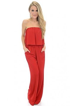 Jump on It Jumpsuit, Red :: NEW ARRIVALS :: The Blue Door Boutique Chic Stretch Strapless Off-shoulder Jumpsuit, Chic Off-shoulder Stretch Strapless Jumpsuit, Bandeau Jumpsuits And Rompers With Elastic Waistband For Spring, Summer Strapless Jumpsuit With Elastic Waistband, Casual Strapless Jumpsuits And Rompers, Red Strapless Jumpsuit For Summer Nights, Casual Strapless Jumpsuit Or Romper, Casual Strapless Jumpsuits And Rompers For Night Out, Strapless Casual Jumpsuits And Rompers For Night Out