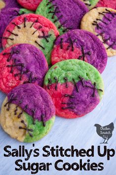 colorful cookies with chocolate sprinkles on them and the words salty's stitched up sugar cookies