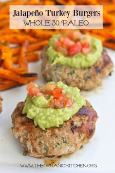 three meat patties with guacamole and carrots