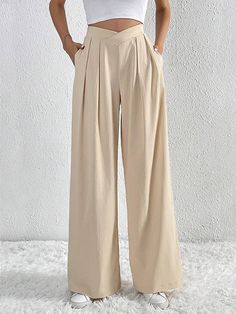 Loose Wide Leg Pleated Solid Color Pants Trousers PINK-L Dirndl Outfit, Commuter Style, Bandeau Tops, Rock Outfit, Solid Color Pants, Casual Wide Leg Pants, Loose Trousers, Mini Robes, Pants Loose