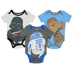 These baby onesies are officially licensed Star Wars merch for infants! Star Wars is one of the greatest film sagas ever! It is never too early to start indoctrinating your child on the lore of Star Wars. Show everyone what a super fan he will become with these onesies! This is a 3-pack with three separate one-piece outfits. These adorable boys' onesies feature wonderful character designs of 3 of the most popular characters from the films, Darth Vader, Chewbacca, and the Droid R2-D2! They have a Star Wars Baby Clothes, Star Wars Baby Gift, Star Wars Onesie, Happy Threads, Star Wars Nursery, Star Wars Merch, Star Wars Design, Star Wars Prints, Best Baby Shower Gifts