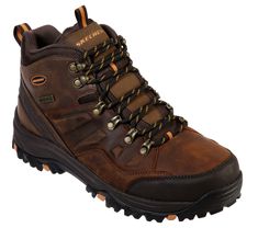 Forge ahead in rugged trail-ready style and comfort with Skechers Relaxed Fit Relment - Traven. This lace-up hiking style ankle boot features a waterproof durable smooth leather, synthetic and mesh upper with cushioned Memory Foam insole. | Skechers Men's Relaxed Fit: Relment - Traven Boots Brown Ankle Hiking Boots For Outdoor, Outdoor Leather Boots With Laces, Outdoor Lace-up Boots, Lace-up Boots For Outdoor Fall Activities, Fall Outdoor Lace-up Work Boots, Hiking Ankle Boots With Reinforced Toe, Ankle Hiking Boots With Reinforced Toe, Hiking Boots With Reinforced Toe And Ankle Boot Shape, Lace-up Hiking Boots For Outdoor Work In Fall