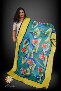 Hand painted floral silk painted dupatta on pure silk. hand made item. Painted Dupatta, Kalamkari Designs, Kantha Sarees, Hand Painted Sarees, Silk Dupatta, Silk Painting, Off White Color, Pure Silk Sarees, Beautiful Saree