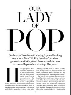 the front page of an article with black and white text that reads our lady of pop