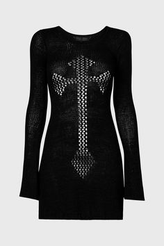 INTO THE ABYSS.- Soft, stretch knit.- Statement cross shaped cut out.- Long sleeves.- Crew neckline.- Fitted.With KILLSTAR branding, 51% Acrylic, 49% Polyamide.Machine wash cold (30°c) / Do not bleach / Do not tumble dry / Iron at low temperature / Do not dry clean. Imported. Crochet Spiderweb Dress, Gothic Oc, Gothic Fashion Casual, Spiderweb Dress, Sinful Clothing, Casual Goth, Cross Sweater, Egirl Clothes, Fishnet Dress