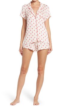 Get that chic put-together feel even in your jammies with this lightweight printed set. Top: 25" length (size S); Bottom: 10.5" rise, 3" inseam Top has notch lapel, short sleeves, and front patch pocket Bottom has elasticized waist and allover print 95% rayon, 5% spandex Machine wash Imported Model stats: 5'10", Bust: 32", Waist: 25", Hip: 36". Model is wearing size S. Casual Relaxed Fit Short Set For Sleepover, Summer Short Sleeve Short Set For Sleepover, Casual Short Sleeve Short Set For Sleepover, Spring Short Sleeve Sleepwear Set, Short Sleeve Matching Sleepwear Set, Short Sleeve Matching Sleepwear Set For Bedtime, Matching Set Sleepwear With Short Sleeves, Printed Short Sleeve Summer Sleepwear, Summer Short Sleeve Bedtime Short Set