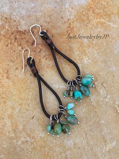 Southwest Boho Natural Green Brown Turquoise Leather Earrings, Rustic Jewelry, Long Earrings