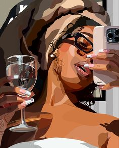 a woman taking a selfie with her cell phone while holding a glass of wine