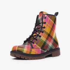 "Introduction: Immerse your steps in a riot of colours with our Y2K Vegan Leather Combat Boots, where classic combat robustness joyfully collides with a vibrant, Y2K-inspired tartan pattern in a lively palette of orange, pink, yellow, and green. Crafted for both women and men, these boots not only cater to lovers of classic leather ankle and lace-up boots but also those who seek a uniquely custom-designed, playful twist on the traditional. 🌟 Features:     Bold Tartan Pattern: Envelop your feet Multicolor High-top Boots For Outdoor, Multicolor Lace-up Boots For Outdoor, Punk Style Lace-up Combat Boots For Outdoor, Punk Lace-up Combat Boots For Outdoor, Yellow Lace-up Boots For Streetwear, Yellow High-top Boots For Streetwear, Casual Yellow High-top Work Boots, Combat Boots For Men, Aesthetic Plaid