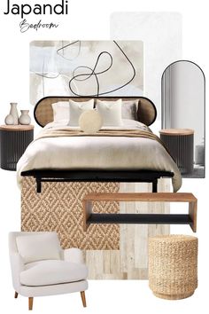 a bedroom is shown with white furniture and neutral colors, including rattan bedding