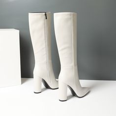 Shop White Pointy Toe Heeled Dress Mid Calf Boots Knee High Boot color White for  with worldwide Free shipping & Free return. Spring Knee-high Wide Calf Boots, Wide Calf Knee-high Boots For Spring, Spring Wide Calf Knee-length Heeled Boots, Wide Calf Knee-length Heeled Boots For Spring, Spring Knee-length Wide Calf Heeled Boots, White Knee-high Boots For Spring, White Wide Calf Knee-high Boots For Fall, Beige Wide Calf Mid-calf Boots For Winter, White Wide Calf Knee-high Boots For Spring