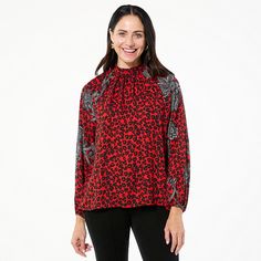 IMAN Global Chic Mock Neck Balloon Sleeve Printed Blouse   Make a grand entrance — or exit — in this� head-turning top. With an eye-catching print and dramatic balloon sleeve, it's not something you see everyday. Grand Entrance, Draped Fabric, Red Blouses, Printed Blouse, Mock Neck, Style Icons, Chic Style, Fashion Clothes Women, Entrance