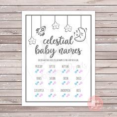 the celestial baby names printable poster is hanging on a wooden wall, with stars and planets