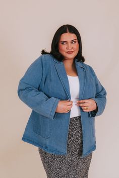 Step up your fashion game with our PLUS SIZE 'Don't Think About It' jacket. This medium wash denim blazer features a front button closure and seam detailing throughout, adding a touch of sophistication to any outfit. Don't think twice, this jacket is a must-have! Details Medium wash soft denim fabrication Pockets Seam detailing throughout Lapel collar Relaxed fit Sizing *Measurements are taken unstretched with item hanging* Approximate measurements: SIZE LENGTH BUST 1XL 30” 46” 2XL 30” 50” 3XL 30” 56” Fabric has no stretch Model is 5’8” wearing 2XL Material 98% Cotton 2% Spandex Hand wash cold separately Do not bleach Hang to dry Spring Denim Jacket With Notch Lapel And Button Closure, Spring Denim Blue Outerwear With Notch Lapel, Spring Denim Blue Notch Lapel Denim Jacket, Denim Blue Notch Lapel Outerwear For Spring, Fitted Denim Blue Outerwear With Notch Lapel, Denim Blue Notch Lapel Outerwear, Notch Lapel Denim Jacket With Pockets, Denim Notch Lapel Outerwear With Button Closure, Denim Outerwear With Notch Lapel And Button Closure