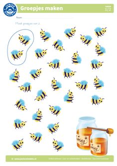 a bunch of bees that are next to some honey jars with the words groeies maken on them