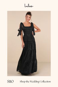 You'll stand out in everyone's memory with an adorable look like the Lulus Picturesque Allure Black Jacquard Tie-Strap Maxi Dress! Lightweight woven fabric, with a shiny, burnout floral jacquard and striped pattern throughout, falls from tying straps into a flattering square neckline and a princess-seamed bodice. High, fitted waist sits atop a ruffled, tiered skirt that finishes at an elegant maxi hem. Smocked panel at back and hidden zipper/clasp. Fit: This garment fits true to size. Length: Floor length. Size medium measures 60.5" from shoulder to hem. Bust: Great for any cup size. Waist: Fitted - very fitted at natural waist. Hip: Not Fitted - fuller skirt allows room for hips. Undergarments: May be worn with a strapless bra, adhesive bra, petals, or no bra. Fabric: Fabric has no stretc Black A-line Dressy Maxi Dress, Lulus Valhalla Forest Lace-up Maxi Dress, Black Floor-length Maxi Dress With Lace Bodice, Black A-line Maxi Dress With Ruffles, Black Maxi Dress With Floral Print, Spaghetti Straps, Adhesive Bra, Bridal Party Dresses, Floral Jacquard, Strapless Bra