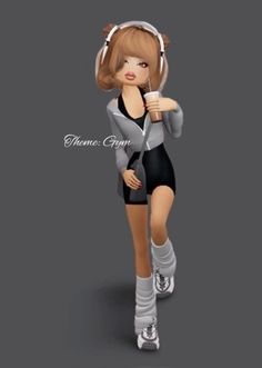 a cartoon girl with headphones and knee high socks is standing in front of a gray background