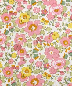 an image of a flowery fabric with pink and yellow flowers on white background, closeup