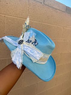 blue suede baby/kids/tots/teen cowboy custom hat  Can do any theme THIS IS LSF INSPIRED Can do kids sizes  2/3 4/5 6/8  10/12 And teens  (Can do babies 1 and under ( in other listing )  Personalize by texting me NAME & theme idea  LSF , western , dairy boy , coastal cowgirl , coquette , grandmillienal , fairy , birthday , carnival , Christmas etc . Handmade Country Style Top Hat For Country Events, Blue Fedora For Kentucky Derby And Country Events, Blue Country Style Felt Hat With Short Brim, Country Style Blue Felt Hat With Short Brim, Blue Short Brim Felt Hat In Country Style, Custom Handmade Mini Hats For Rodeo, Western Style Mini Hat For Western-themed Events, Handmade Western Costume Hats For Kentucky Derby, Western Style Mini Hat For Festivals