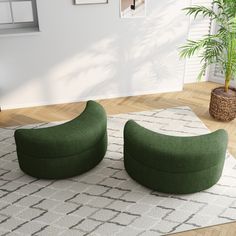 a living room with a rug, plant and two green chairs on top of it