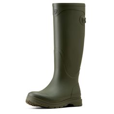 This smartly designed and practical welly features adjustable back closure and an easy-off heel-kick feature. Fortified rubber protects your feet and keeps you dry for your day-to-day chores outdoors. Kelmarsh Rubber Boot | Product Features : 0 : 4LR™ technology provides lightweight support and stability, 1 : Durable waterproof rubber construction, 2 : Removable All Day Cushioning insole, 3 : Duratread™ sole with easy-off heel kick feature | Women's Kelmarsh Rubber Boots in Olive Vulcanised rubb Green Rubber Sole Rain Boots For Outdoor, Paddock Boots, Women's Shooting, Riding Tights, Country Boots, Rubber Boot, Walking Boots, Fishing Outfits, Rubber Boots