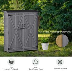 an outdoor storage shed with two colors available natural gray and eco friendly wood for the exterior