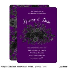 an elegant purple and black floral wedding card