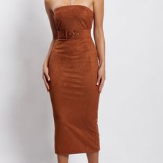 Suede Midi Dress- Tan/Brown With Removable Belt Brown Knee-length Midi Dress For Parties, Chic Brown Knee-length Midi Dress, Brown Knee-length Midi Dress For Night Out, Elegant Brown Strapless Mini Dress, Elegant Strapless Brown Mini Dress, Brown Strapless Mini Dress For Date Night, Brown Strapless Dress For Night Out, Strapless Brown Mini Dress For Date Night, Chic Brown Midi Dress For Night Out