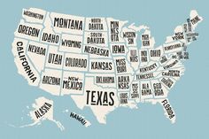 an illustrated map of the united states in black and white, with words written all over it