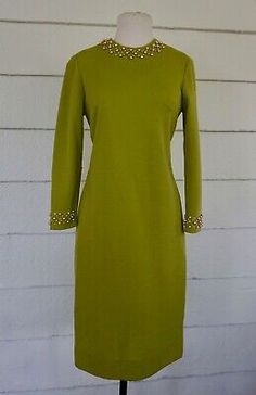 This long-sleeved shift dress from the 1960s is gorgeous. The end of the sleeves and hem feature delicate faux pearls and rhinestones. Neckline and Sleeves lined withFaux Pearls and Rhinestones. Material: 100% Wool. Through The Decades, Chartreuse Green, 1960's Dress, Long Sleeve Shift Dress, Vintage Style Dresses, 1960s Fashion, Green Wool, Fashion Essentials, Vintage 1960s