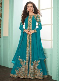 Buy Aqua Blue Anarkali Suit In USA, UK, Canada, Australia, Newzeland online Georgette Anarkali Suits, Celana Fashion, Georgette Anarkali, Designer Salwar Kameez, Designer Anarkali Suits, Designer Salwar, Salwar Kameez Online, Designer Anarkali, Prussian Blue