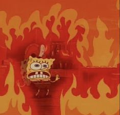 the cartoon spongebob is on fire with his mouth open