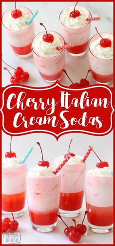 cherry italian cream souffles with whipped cream and cherries in small glasses