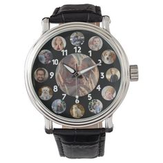 a watch with pictures of people on the face and numbers in black leather straps