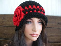 NEW - Winter Fashion Crochet Bucket Hat with Stripes and Flower - Creationsbyellyn. Black crochet bucket hat with cherry red stripes and flower - Women / Teen hat - Winter fashion bucket hat. MATERIALS: Acrylic yarn - Black and Cherry red yarn Women / Teen size ONE SIZE SIZE: 22 "  23  "  inches circumference when stretch 4  1/2 "  inches diameter crochet flower Care instructions: Hand wash. Lay flat to dry. Air dry. Red Brimmed Crochet Hat For Spring, Red Wide Brim Crochet Hat For Spring, Red Crochet Hat For Spring, Red Brimmed Crochet Hat, Handmade Red Brimmed Crochet Hat, Red Handmade Brimmed Crochet Hat, Red Crochet Bucket Hat For Winter, Red Crochet Beanie Hat For Spring, Red Crochet Beanie For Spring