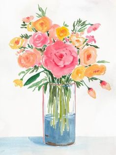 a watercolor painting of flowers in a vase