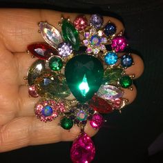 This Is A Gorgeous! Brilliant Colorful Righnstones Brooch,On A Great New! Condition.By, Natasha.Is 3"Long.It Has Green, Pink, Yellow, &Many More! Party Crystal Brooch Jewelry, Party Crystal Brooches Costume Jewelry, Multicolor Jewelry Brooch As Gift, Multicolor Brooch Jewelry For Gift, Multicolor Brooch Jewelry As Gift, Green Brooch For Party, Multicolor Wedding Brooch Jewelry, Elegant Multicolor Jeweled Brooches, Costume Jewelry Bling Brooches For Gifts