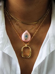 * Imported from Greece, these beautiful and unique enamel eye pendant set with crystal stones, comes in Red, Mediterranean blue, soft pink and all gold. A statement piece of jewelry, great necklace for layering. *19'' Stainless steel paperclip chain, tarnish resistant, waterproof,  link size: 3/8" or 10mm  Stainless steel chain is PVD coated, this helps to create a more durable and longer lasting piece of jewelry, compared to traditional gold plating methods. *Pendant size is approx. 1.25'' or Mediterranean Blue, Blue Soft, Crystal Stones, Trombone, Jewelry Cleaner, Stainless Steel Jewelry, Pendant Set, Stainless Steel Chain, Paper Clip